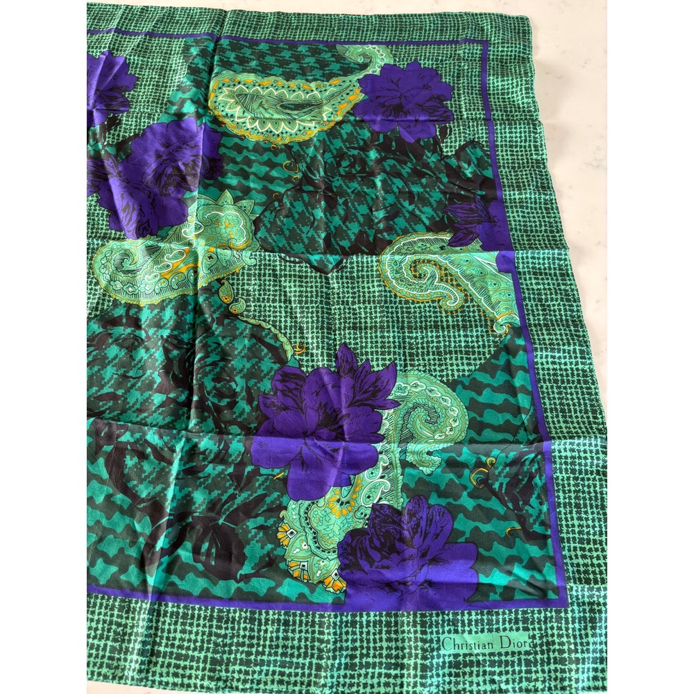 Christian Dior Vintage Silk Scarf Green Purple Floral Paisley Houndstooth Large